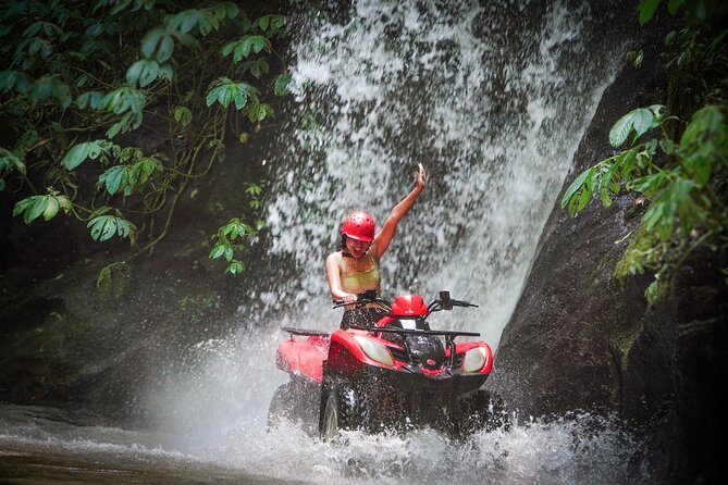 ATV Quad Bike Kuber Through Waterfall, Tunnel And Rice Field - Rice fields and farms show everyday Bali